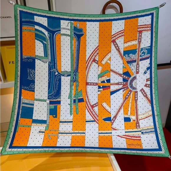 Hermes Orange and Blue Striped Scarf with Wheel Motif - Picture 1 of 6